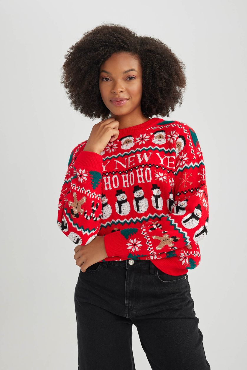 Red WOMAN Christmas Themed Crew Neck Knit Pullover 3036115 | DeFacto