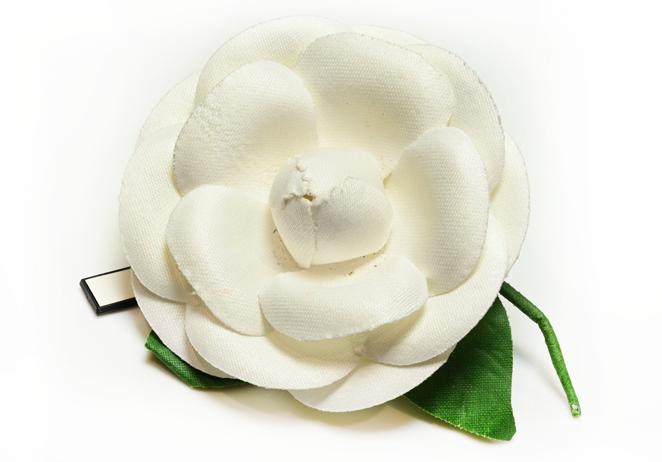 Vintage Chanel Paris White Green Silk Large Camellia Brooch