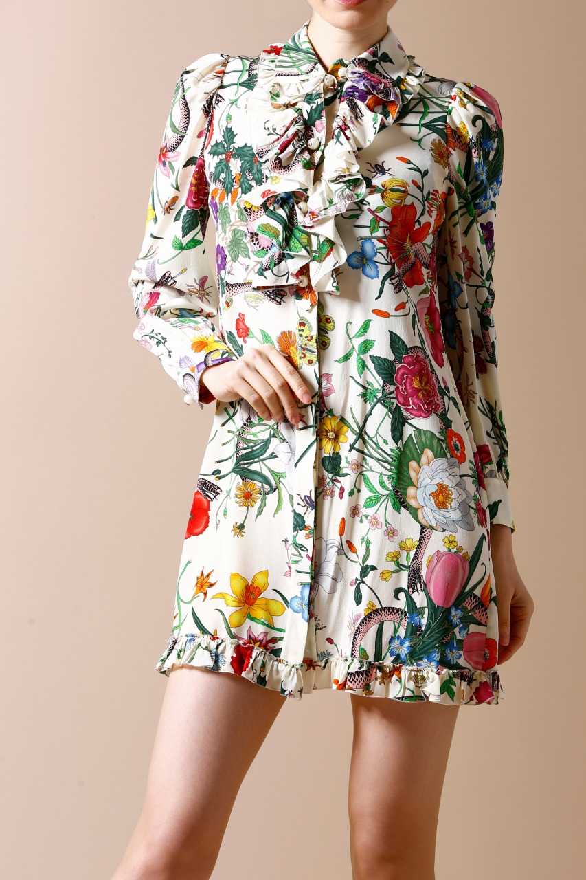 GUCCI シルクボタニカルプリントシャツミニワンピース｜ハイブランドの