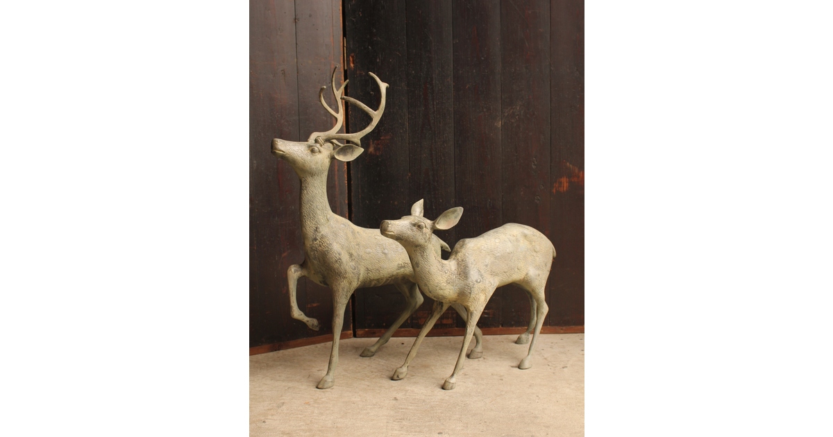 古銅鹿の置物 雄雌つがい S2780｜骨董店 のびる 古美術 骨董 和風建具