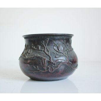 三代本間琢斎 斑柴銅 花紋 如意紐 建水 M125｜骨董店 のびる 古美術