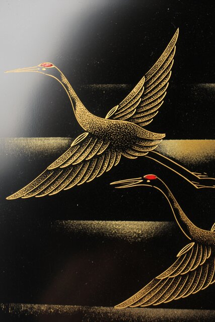 輪島塗 前志芸男 沈金双鶴之図 盆 Q329｜骨董店 のびる 古美術 骨董