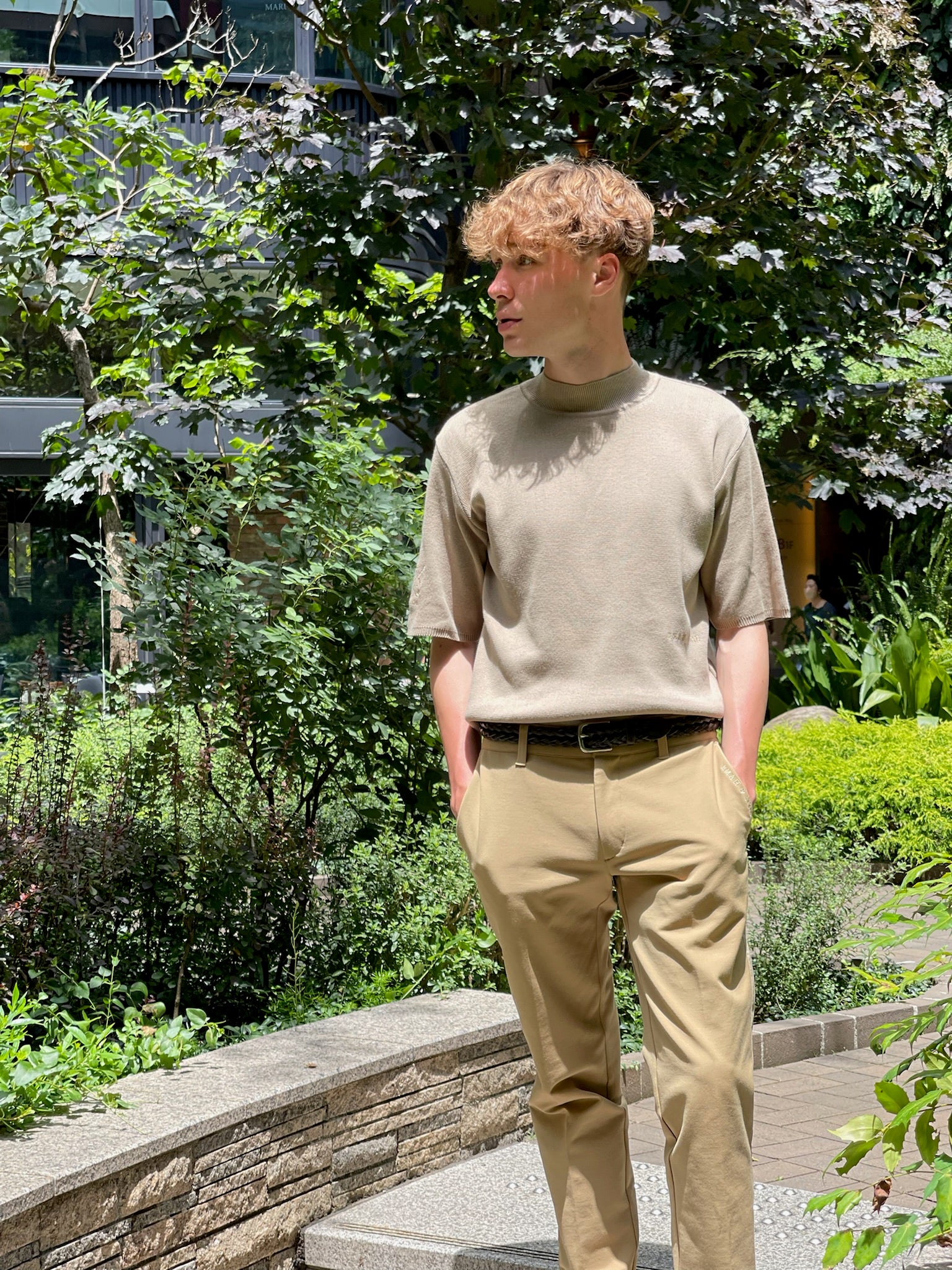 エマノア ゴルフ】 モックネック 半袖 ニット 吸水速乾 ベージュ