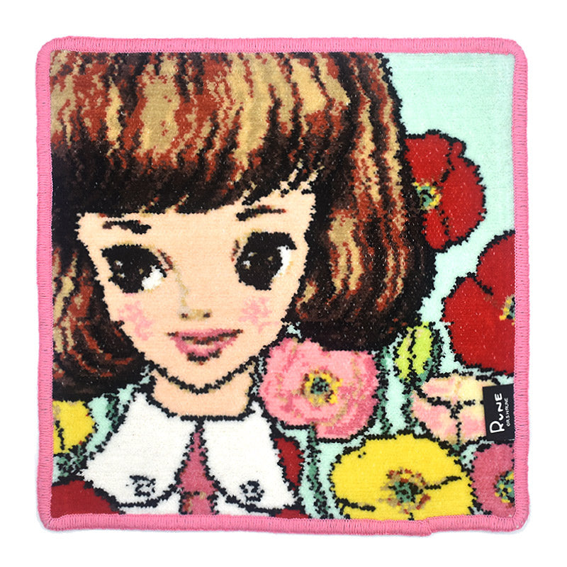 日本製 RUNE 内藤ルネ ポピーと少女 ハンカチ シェニール織 23cm 綿100