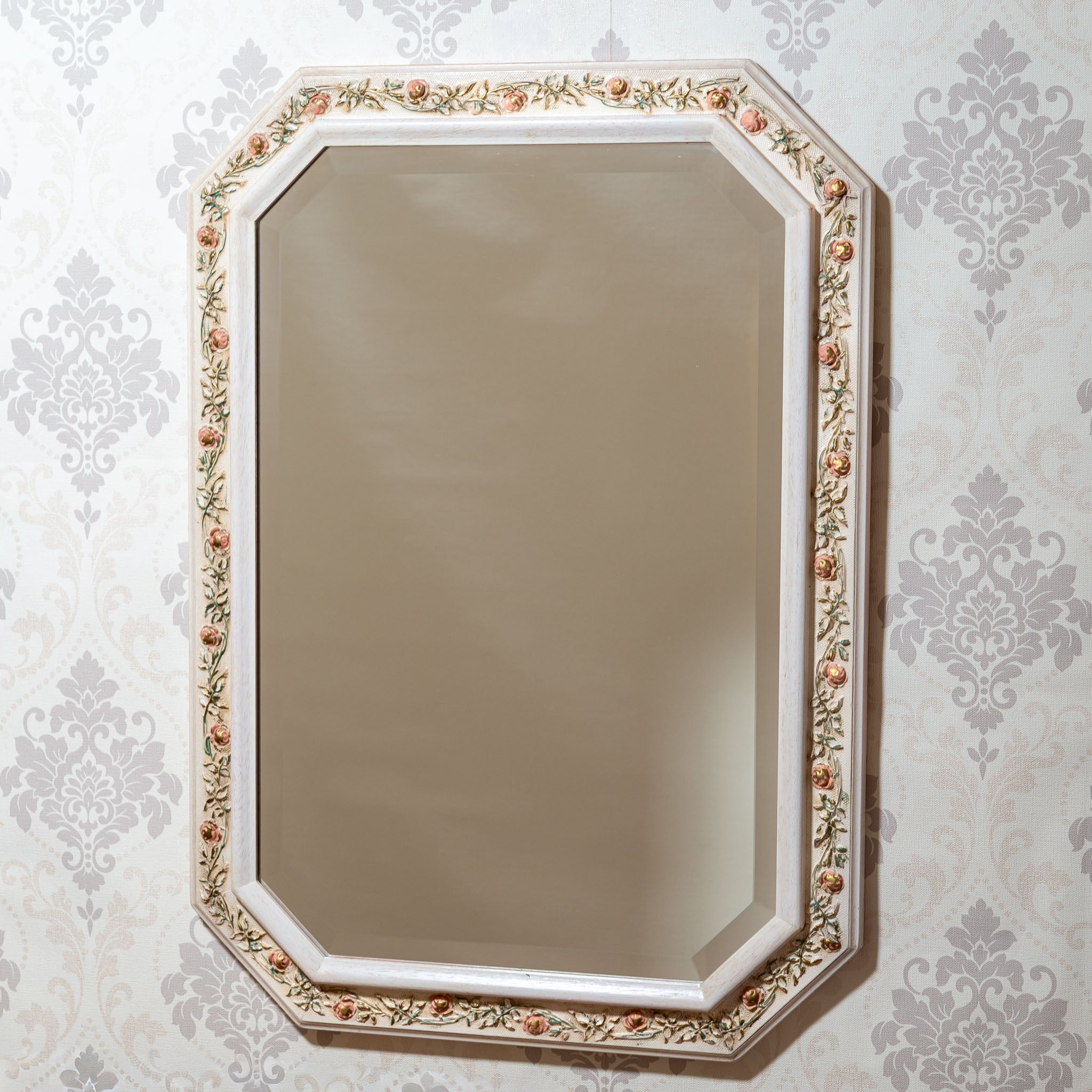 イタリア製 ハンドペイント 八角形ウォールミラー 壁掛け鏡 ローズ