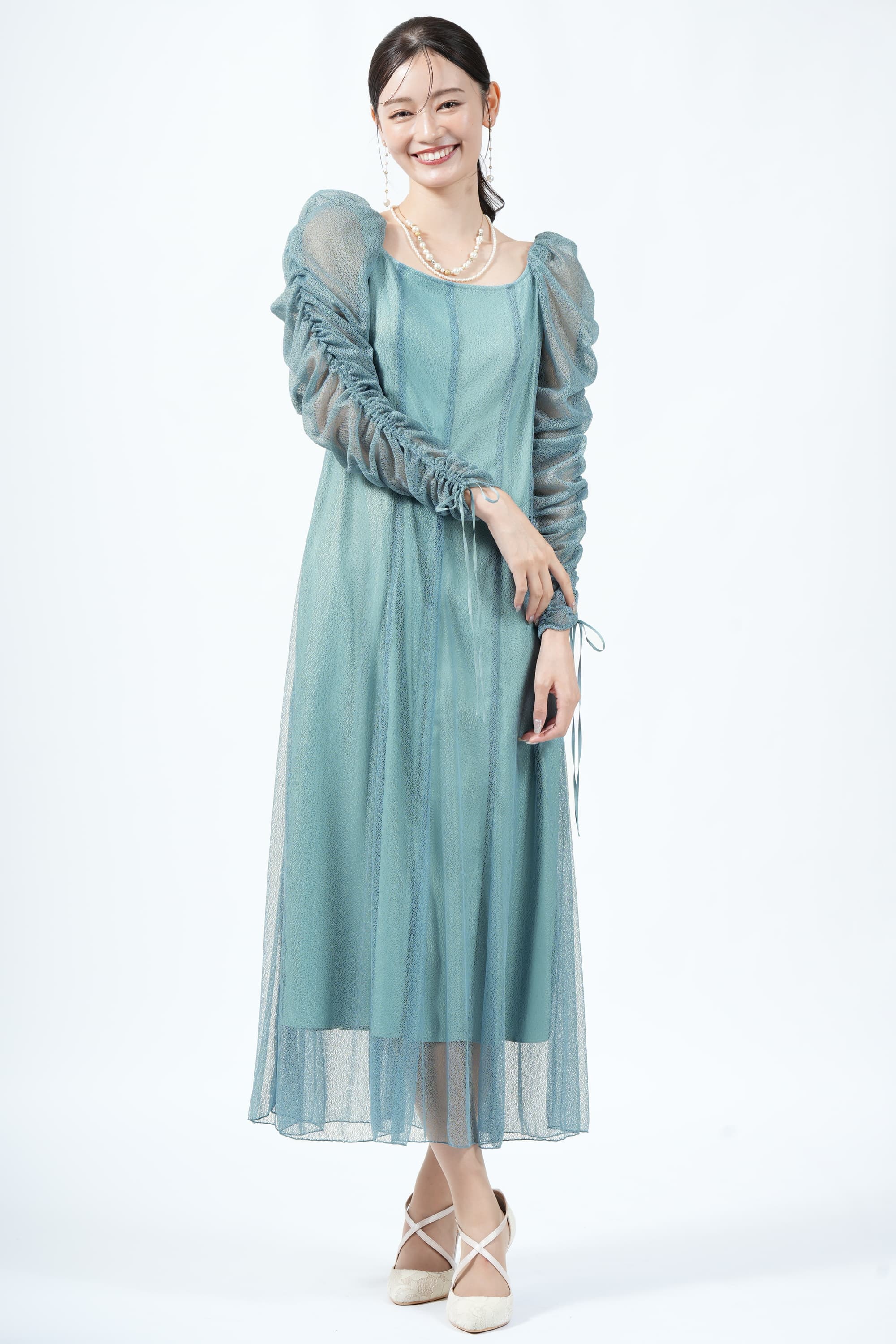 JILLSTUART バックリボン繊細チュールブルーグリーンドレス (M〜L) を