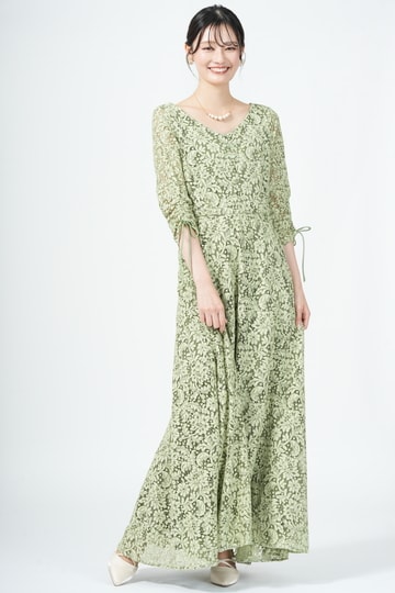 Kastane バックオープン花柄レースグリーンドレス (S〜M) をレンタル