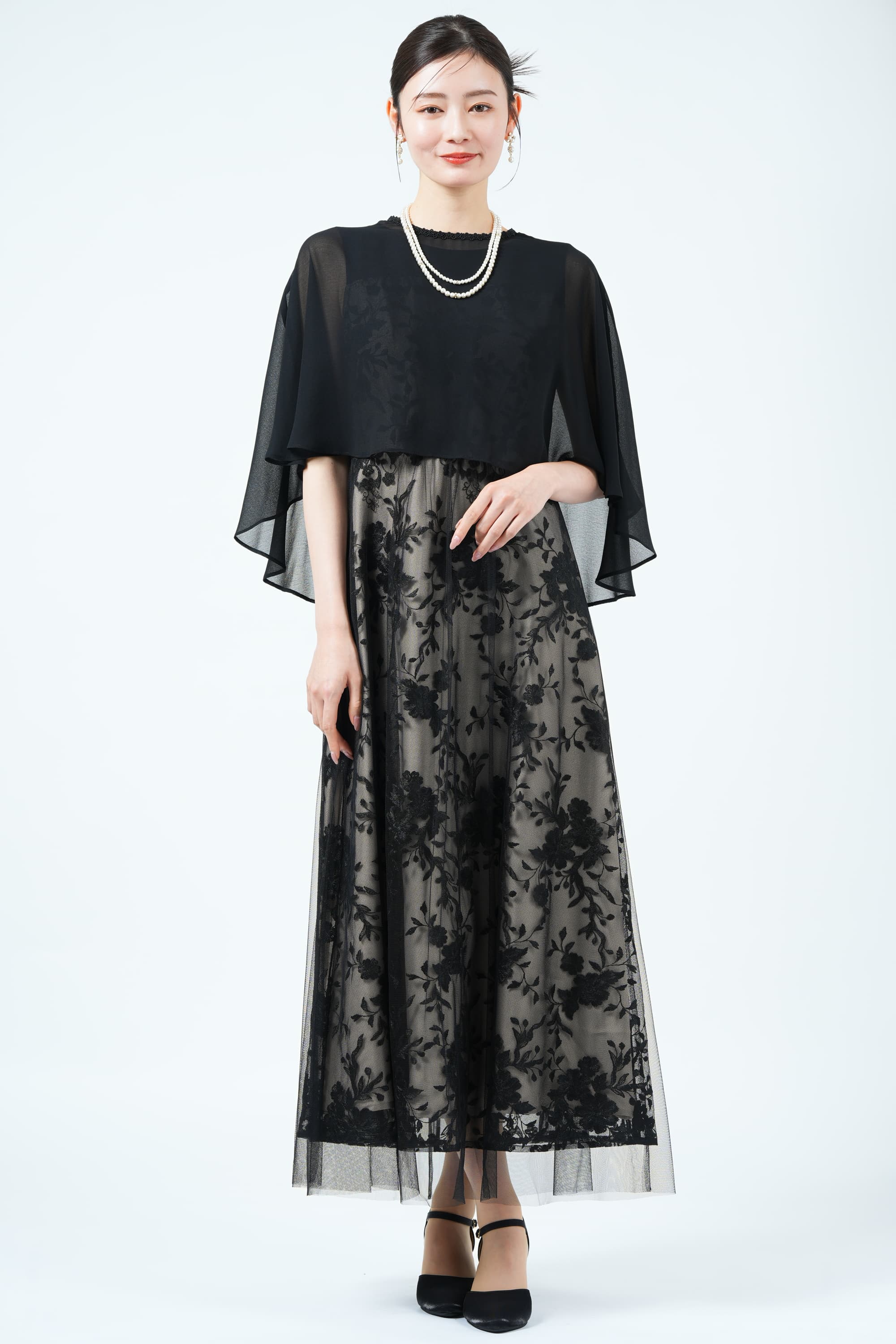 form forma 東京ソワール エレガント刺繍ケープブラックドレス (L〜LL