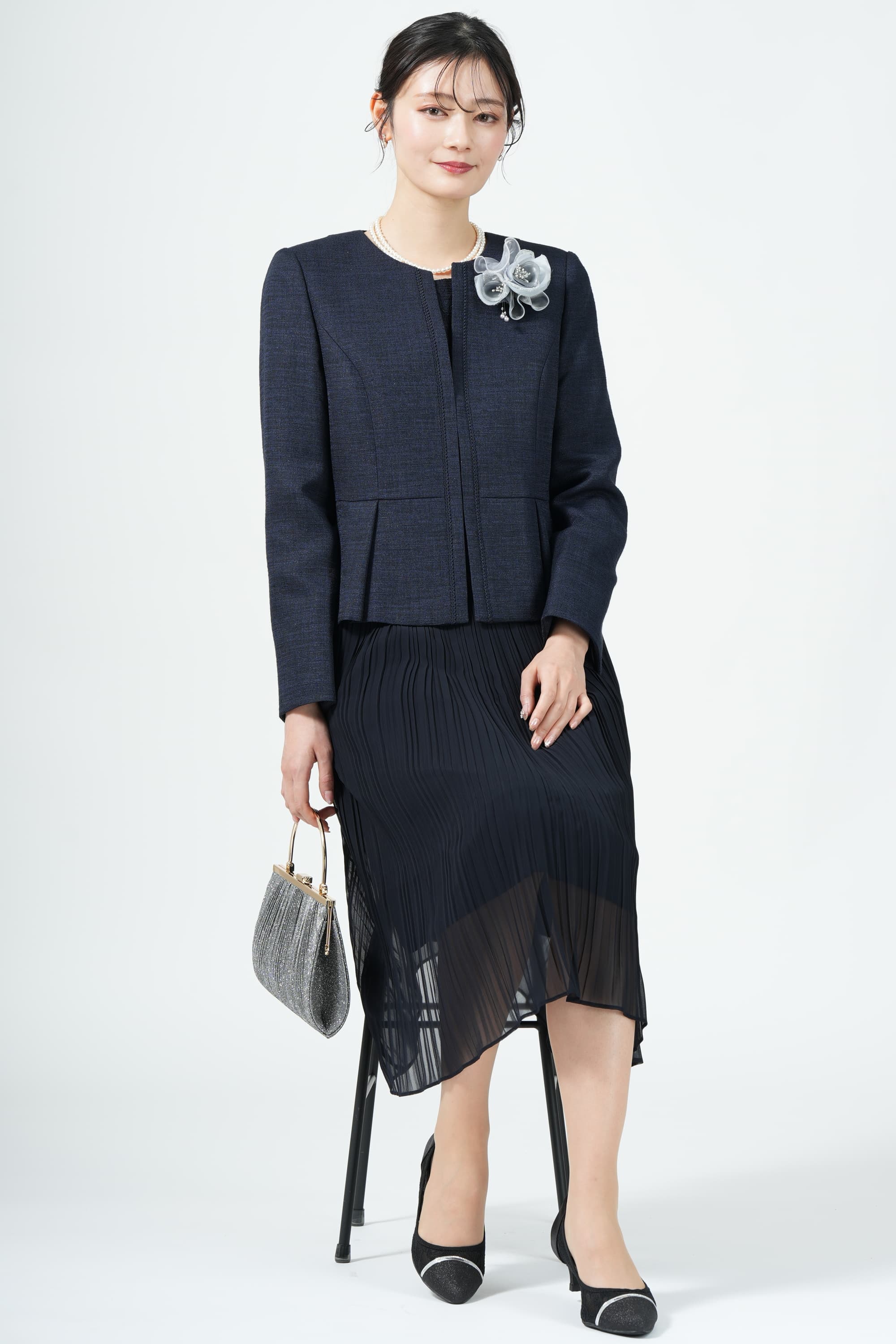 RIFANNE 東京ソワール ラメ混ジャケットプリーツネイビードレスセット