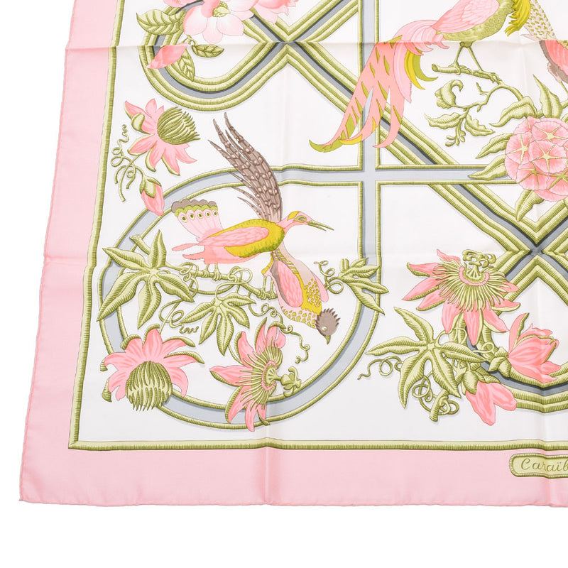 エルメスカレ90 鳥柄 花柄 ピンク/白 レディース スカーフ HERMES 中古