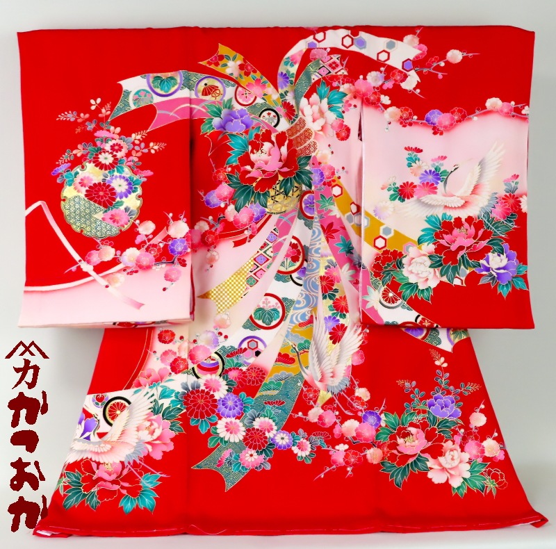 お宮参り着物正絹（初着・産着）女児G5-16 熨斗目模様に鶴・華の柄