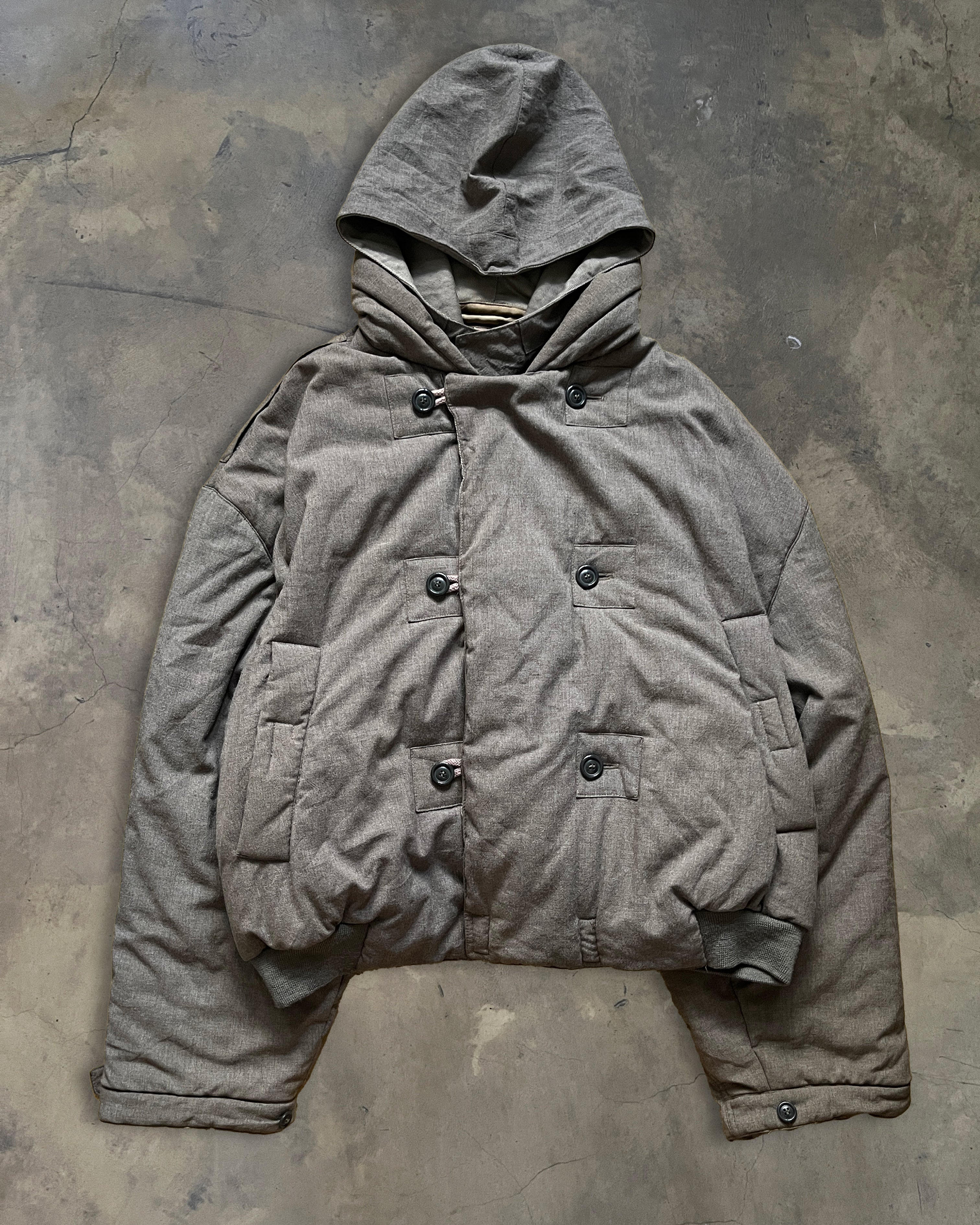 80s ARMANI PADDED DOUBLE BREASTED BOMBER WITH PACKABLE HOOD – glam