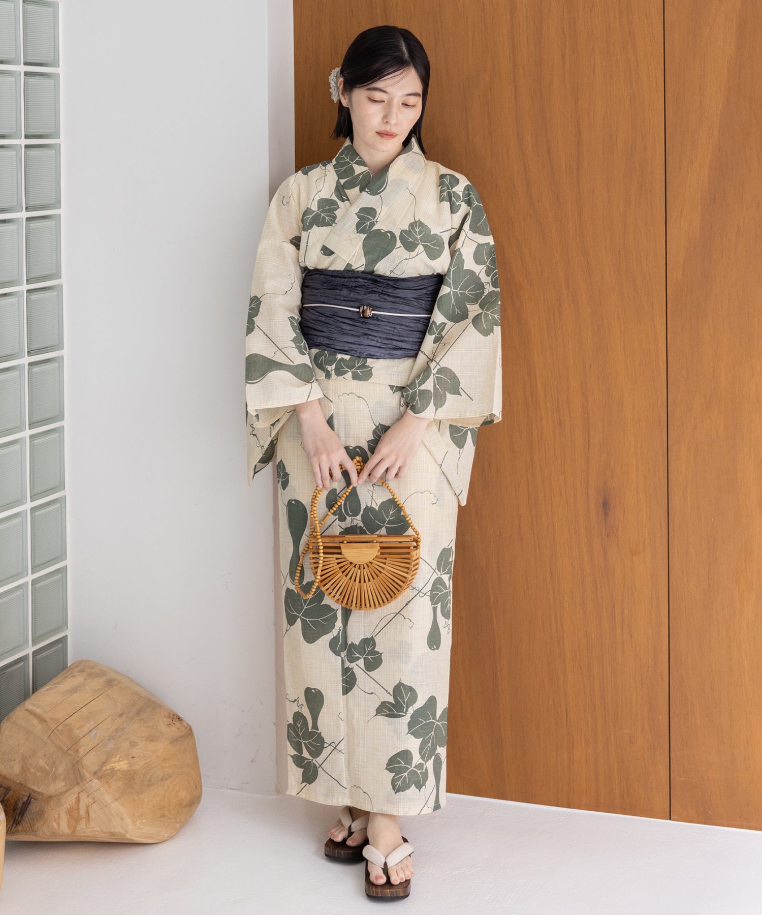 こだわり浴衣5点セット(浴衣/帯/下駄/腰紐/着付け冊子) 麻混 綿麻 先