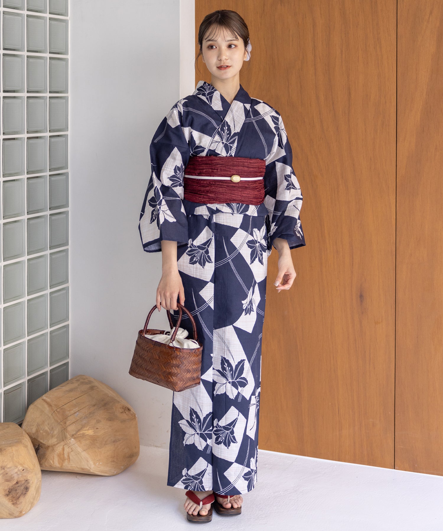 こだわり浴衣5点セット (浴衣/帯/下駄/腰紐/着付け冊子) 変わり織生地