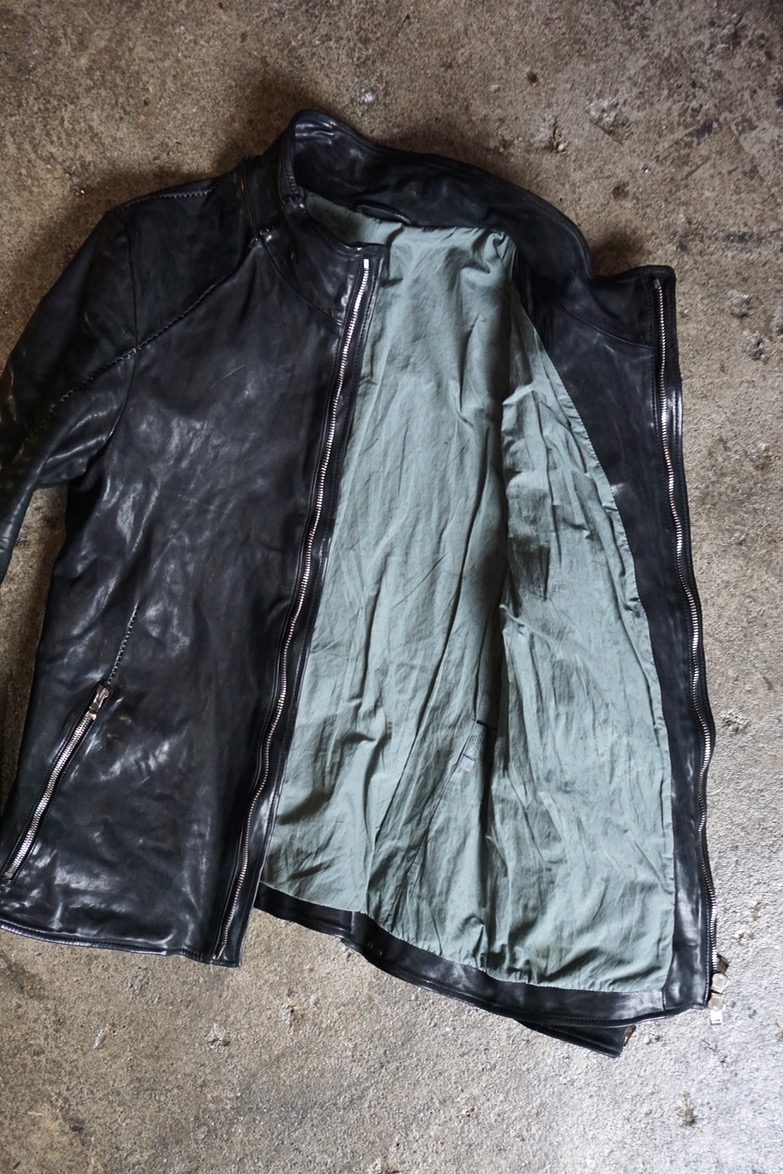 12111-41367. HORSE LEATHER HI NECK ZIP/F MOTO SPIRAL ARM LINED