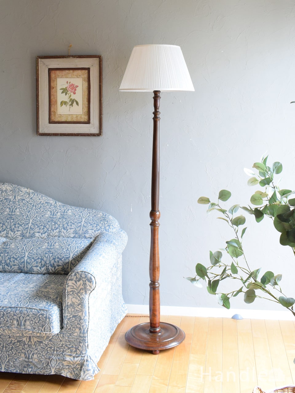 イギリスのアンティークスタンド照明、布シェードのフロアランプ(k