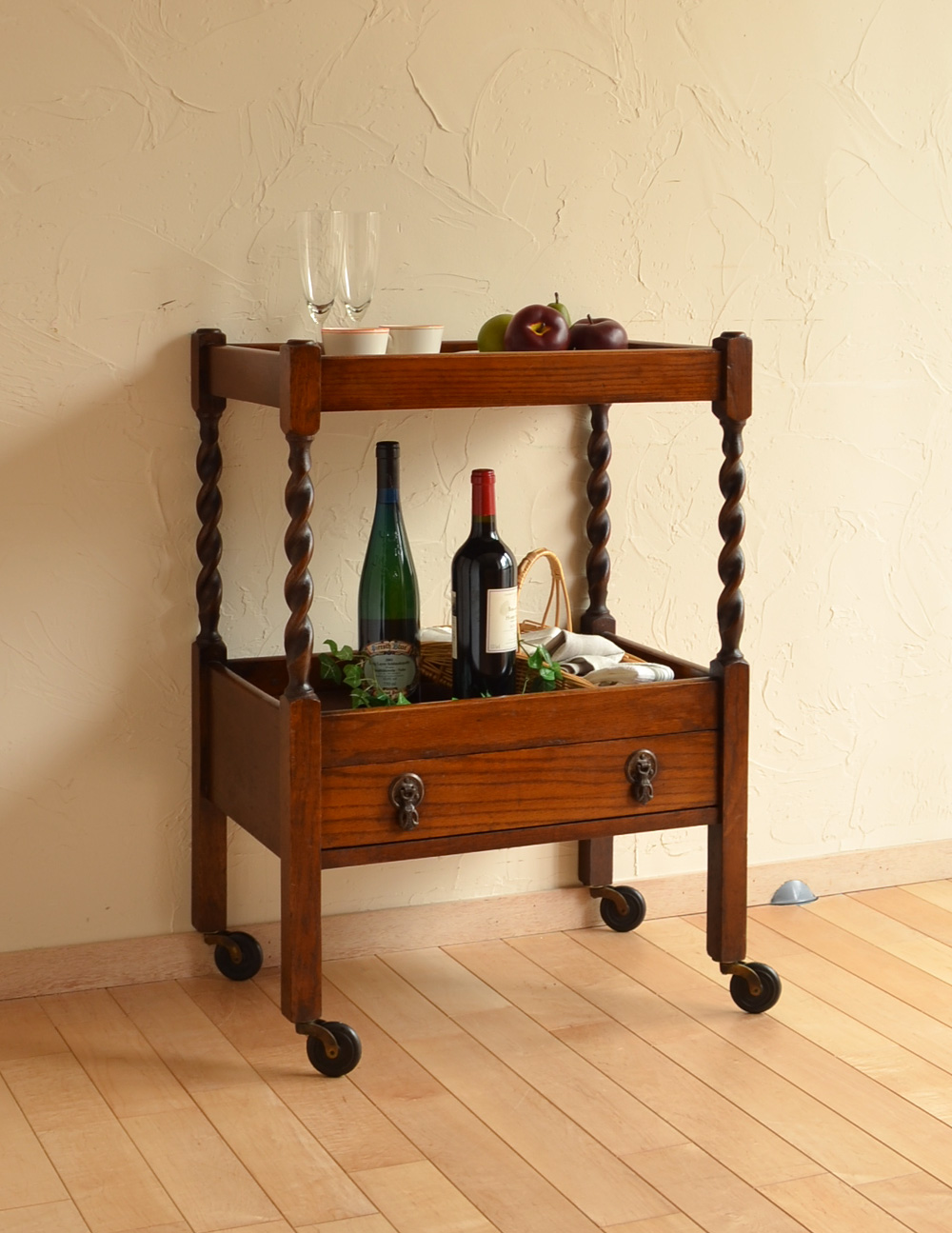 英国の素敵なアンティーク家具、引き出し付きのトロリー（ワゴン）(q