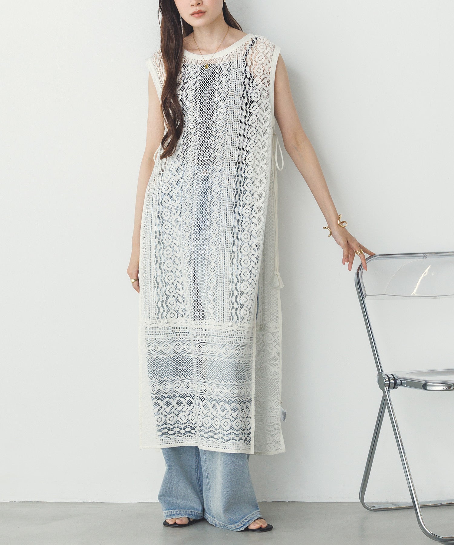 レースレイヤード ノースリーブ ワンピース
