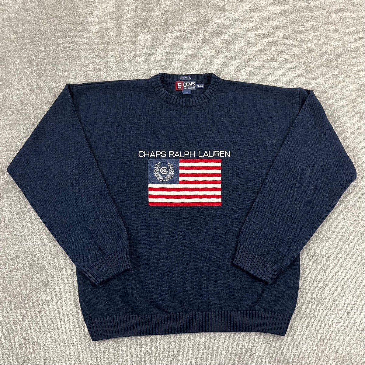 CHAPS RALPH LAUREN Sweater Mens Extra Large Blue USA Flag Hand