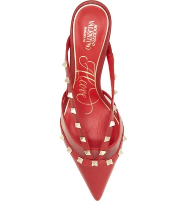 36.5 VALENTINO Sandals Red Leather Mules Rockstud Kitten Heels