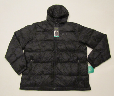 EDDIE BAUER Mens Black Wide Channel Down Hooded Jacket Coat Sz M
