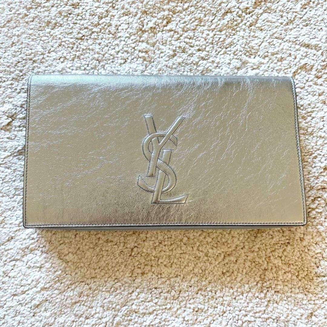 YSL Yves Saint Laurent Logo Clutch Bag Pouch Purse Silver 361120