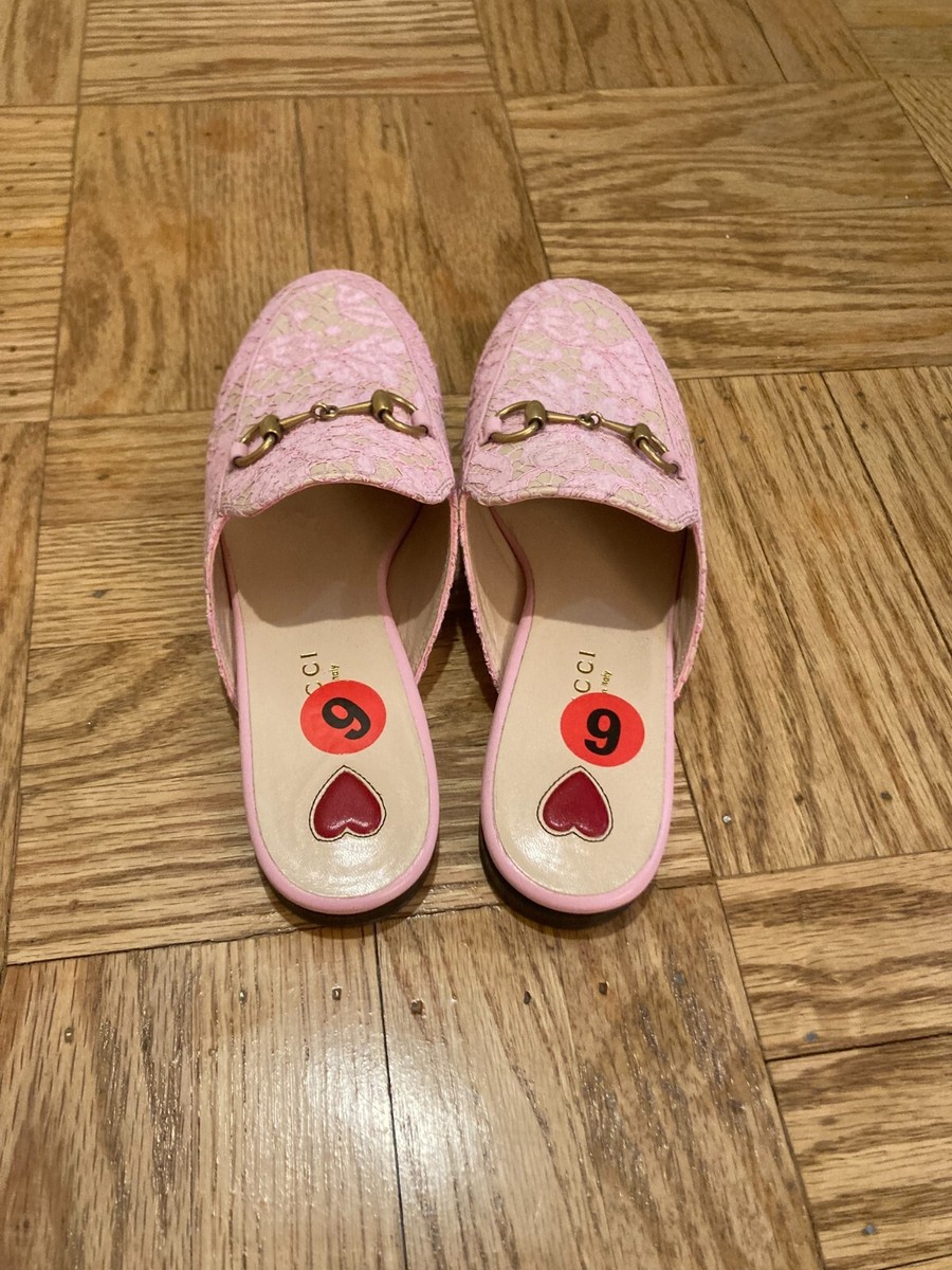 Gucci Women's Princetown Horsebit Pink Lace Mules Slides US 5.5 EU