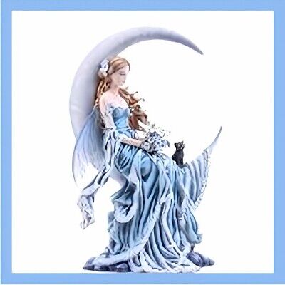 Fairy Sitting On Moon Fantasy Beautiful Wings White Flowers Cat