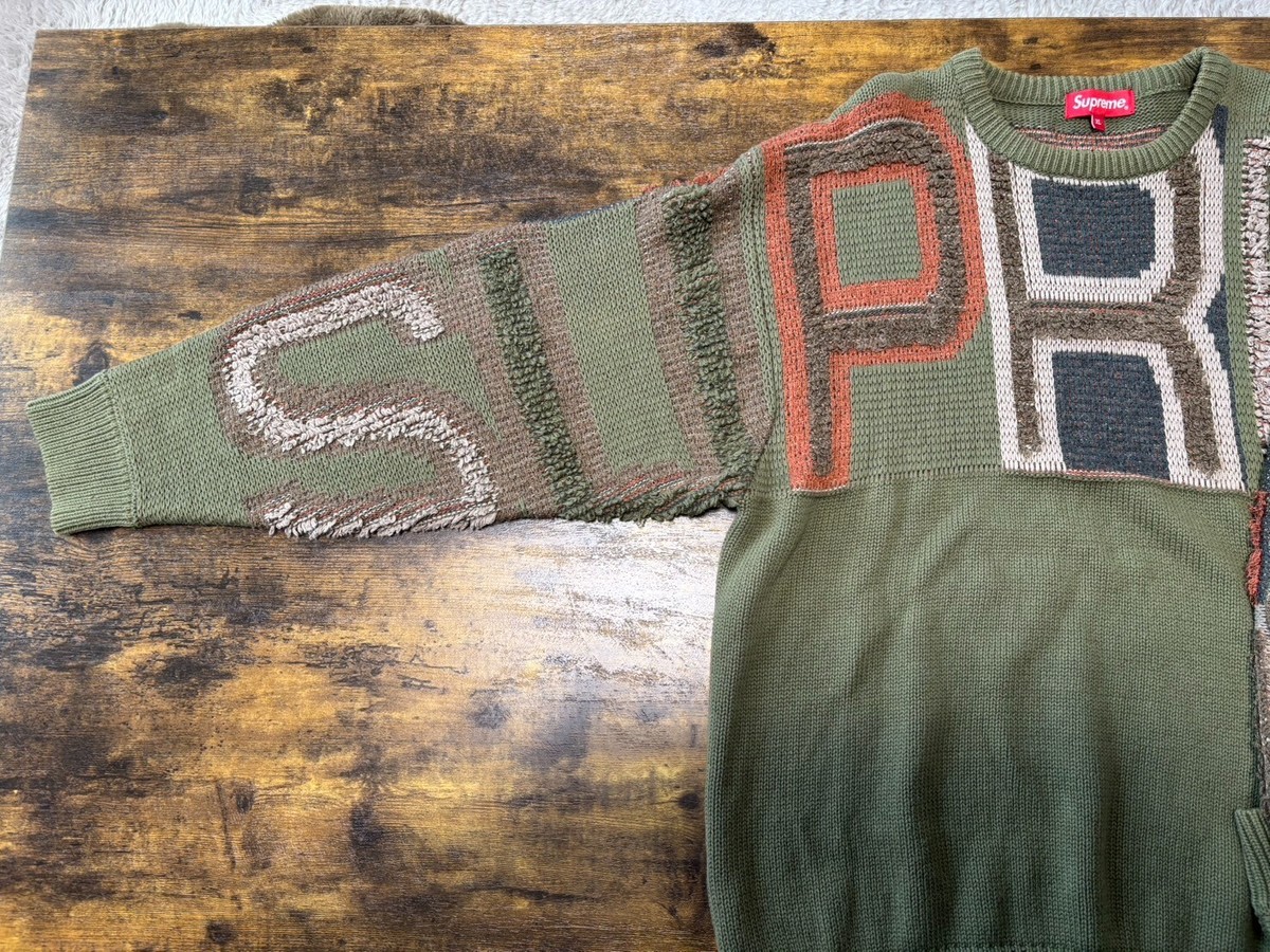 Supreme Chenille Logo Sweater 21AW Crewneck Knit Olive Khaki Green