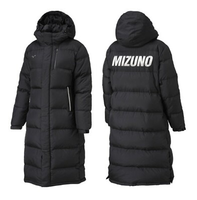 Mizuno Bench Long Coat Padded Jacket Black Winter Hood Duck GYM