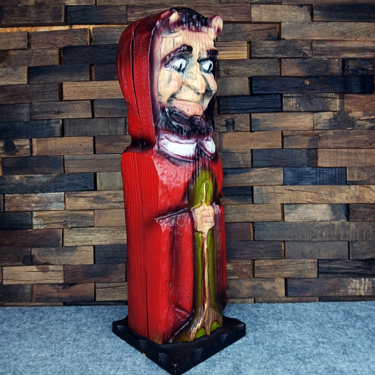 Vintage Hand Carved Wood Devil Wine Liquor Bottle Holder Folk Art
