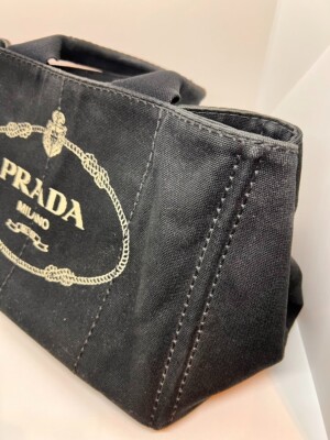Authentic PRADA Logo Canapa CanvasTote Bag Black L Size 34x20x20cm