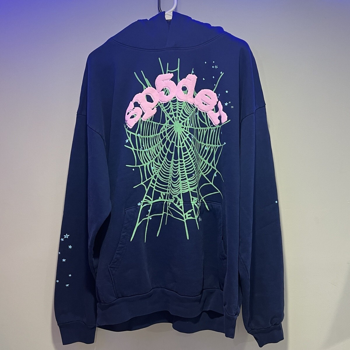 Sp5der WorldWide X Young thug Navy/Pink OG Web Hoodie - New - Size