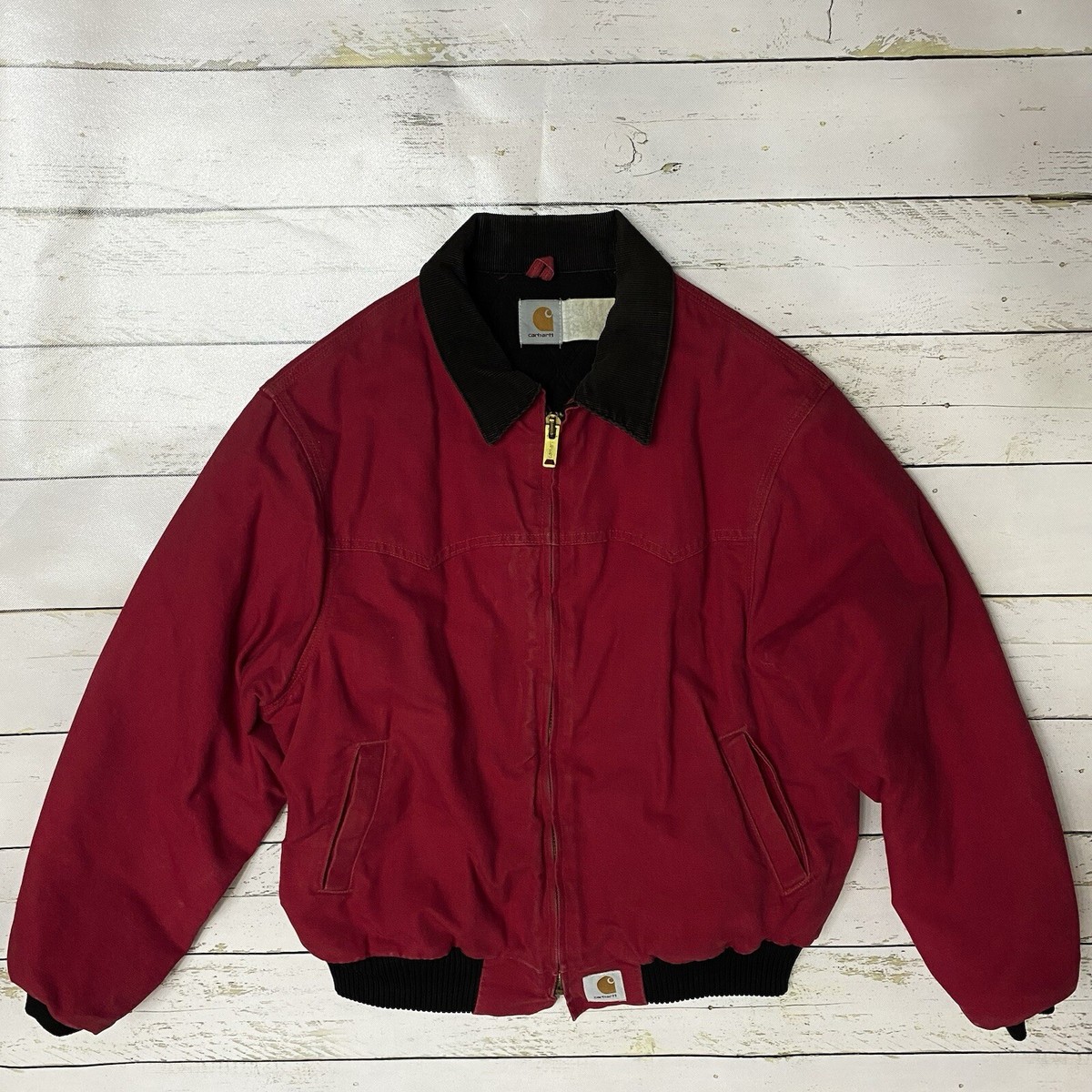 Vtg Carhartt Jacket Red XL Corduroy Collar Workwear USA Made RARE