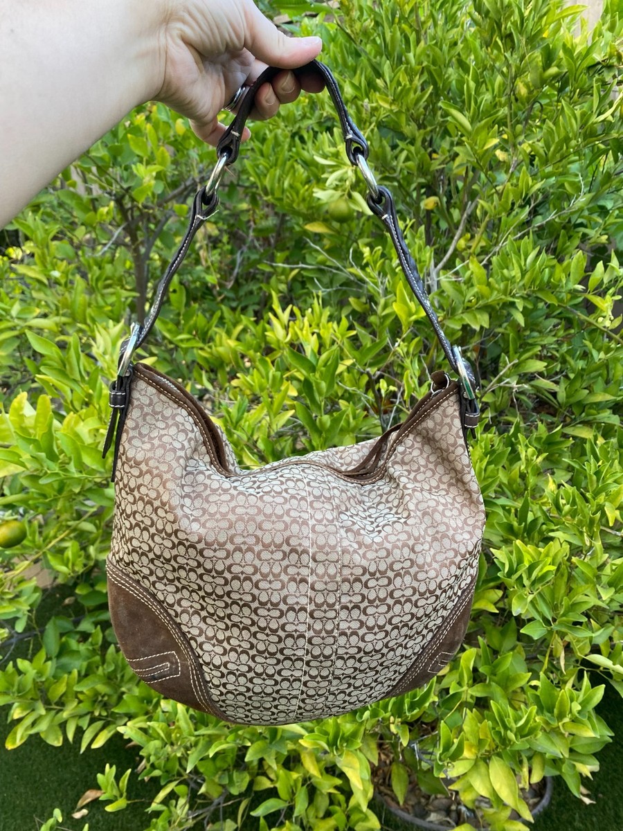 Coach 2158 Brown Signature Logo Suede Leather Silver Hobo Purse