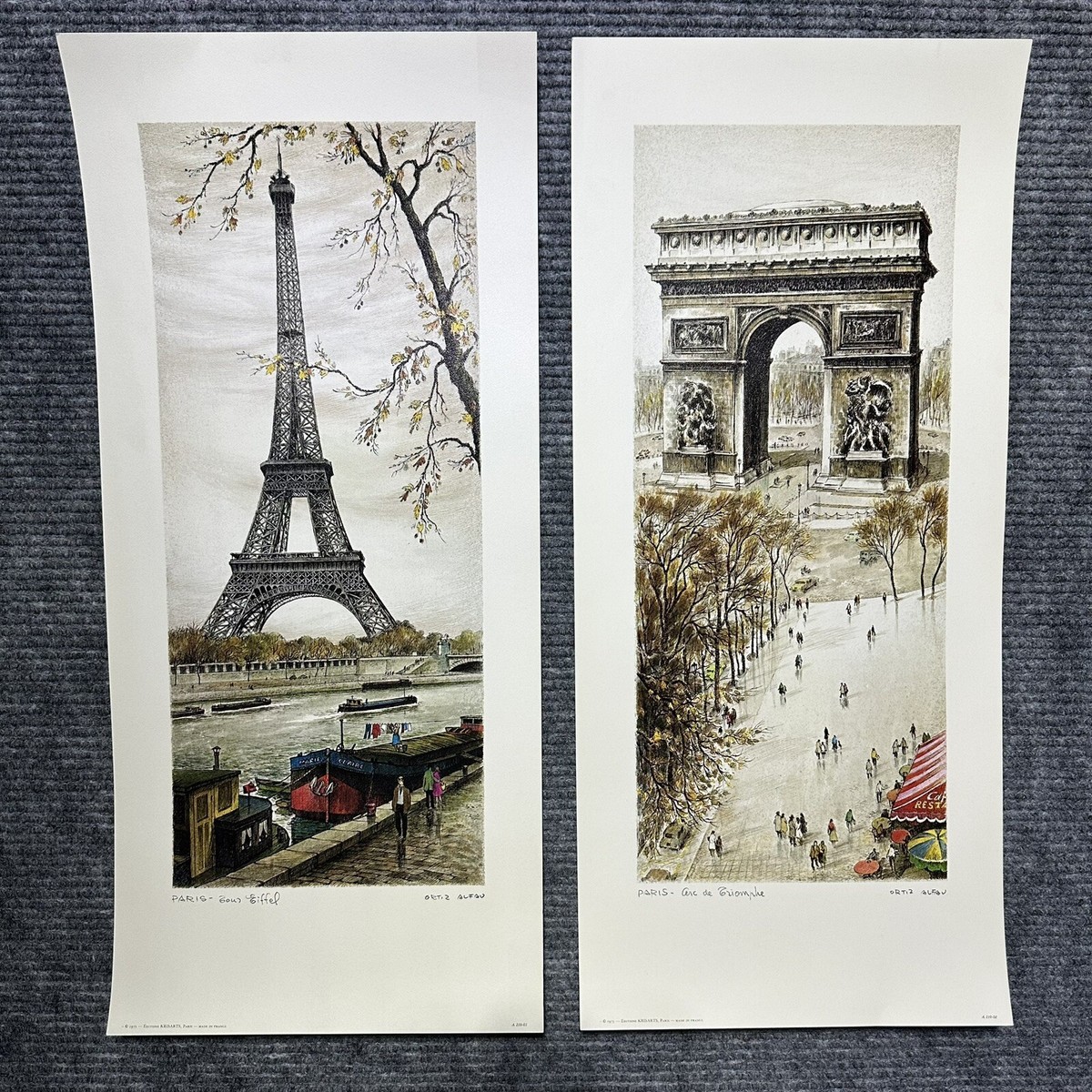 Lot of 2 Ortiz Alfau Signed 1970's Lithographs Eiffel Tower & Arc