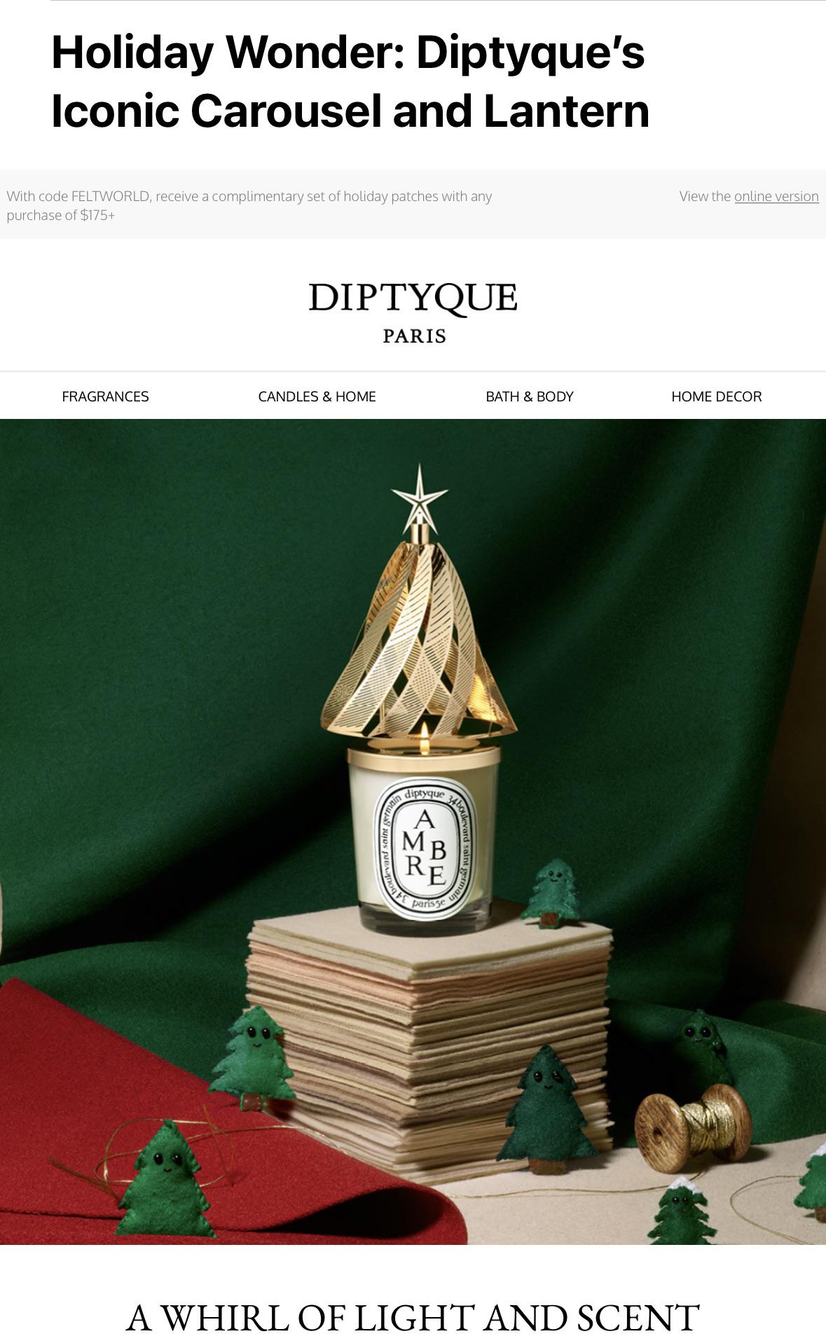DiptyqueのUSウェブサイトで、この新しいホリデーカルーセルが広告され