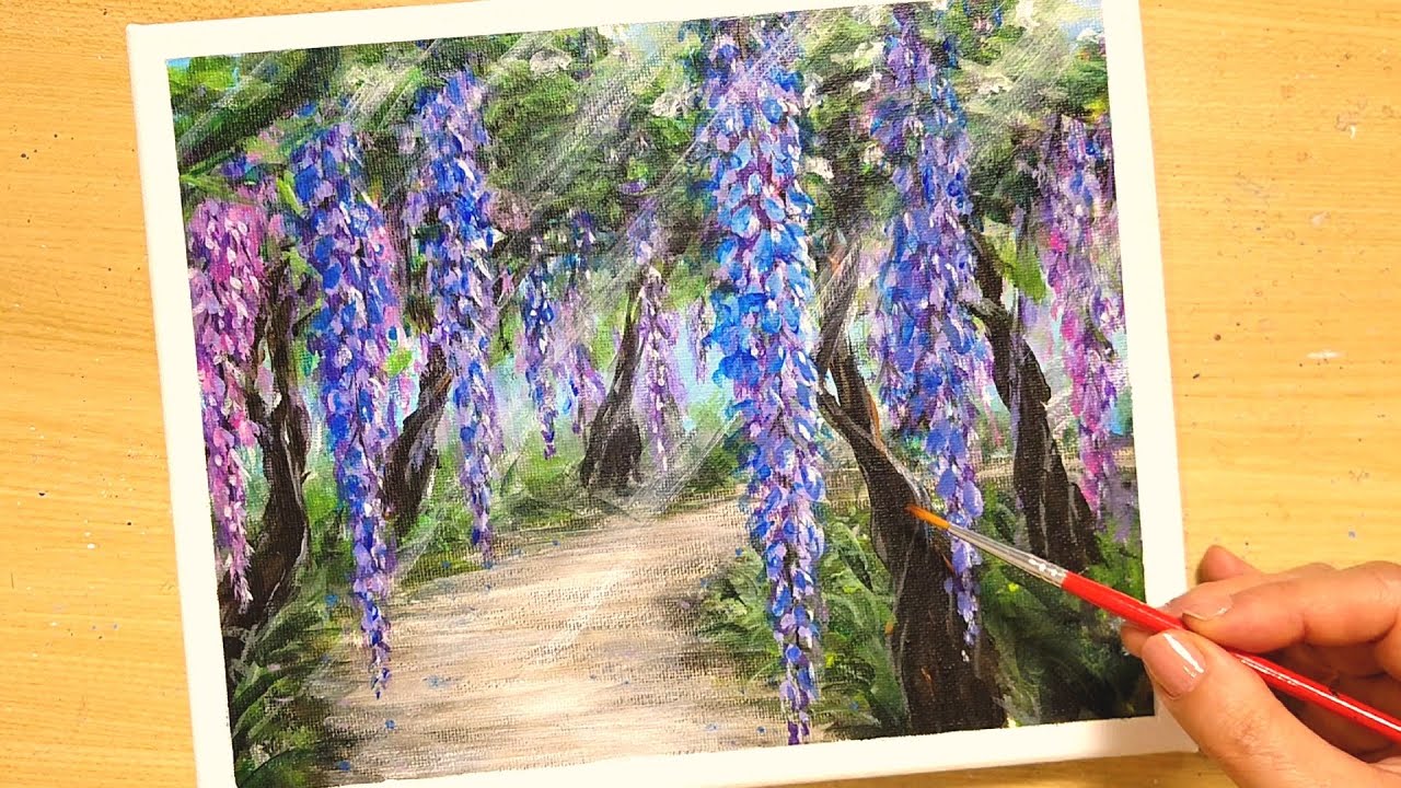 How to draw [Wisteria flower walking path] with acrylic paint