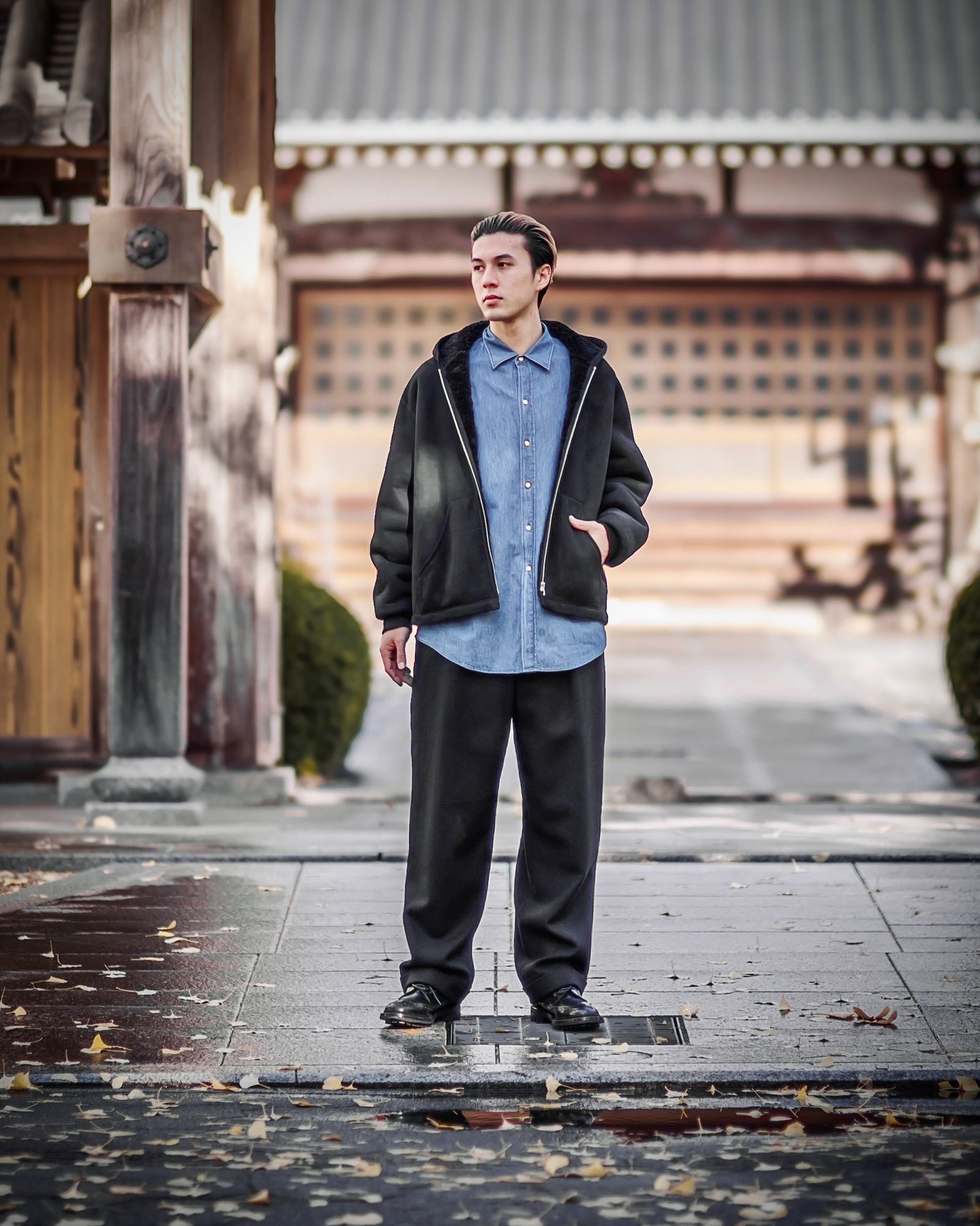 A.PRESSE - アプレッセ Mouton ZIP leather Hoodie(25SAP-01-02H)BLACK