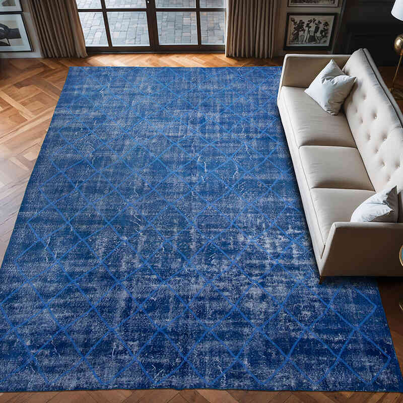 Blue Embroidered Over-dyed Turkish Vintage Rug - 8' 9