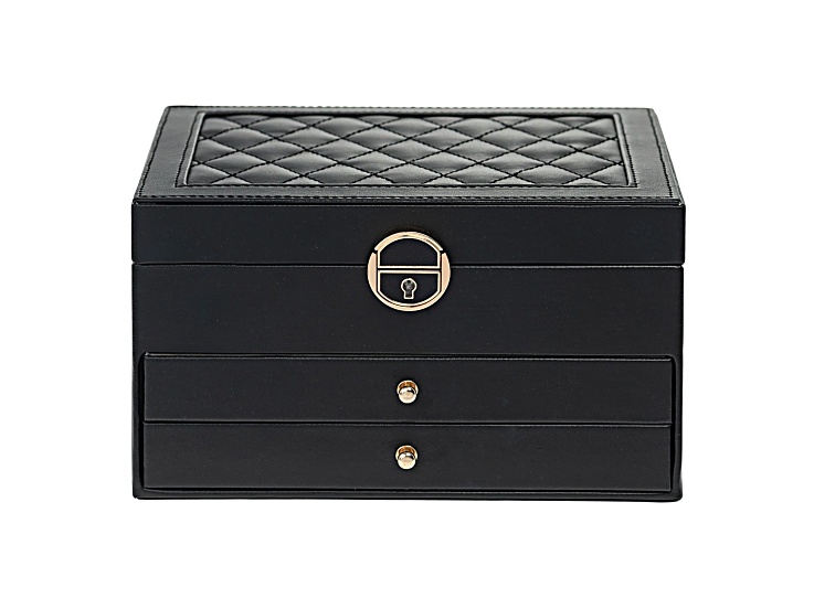 Lockable Black Faux Leather Jewelry Box with 2 Drawers and Lid