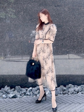 LEJA】配色パイピングプチハイネック花柄刺繍ラメレースロング丈ドレス