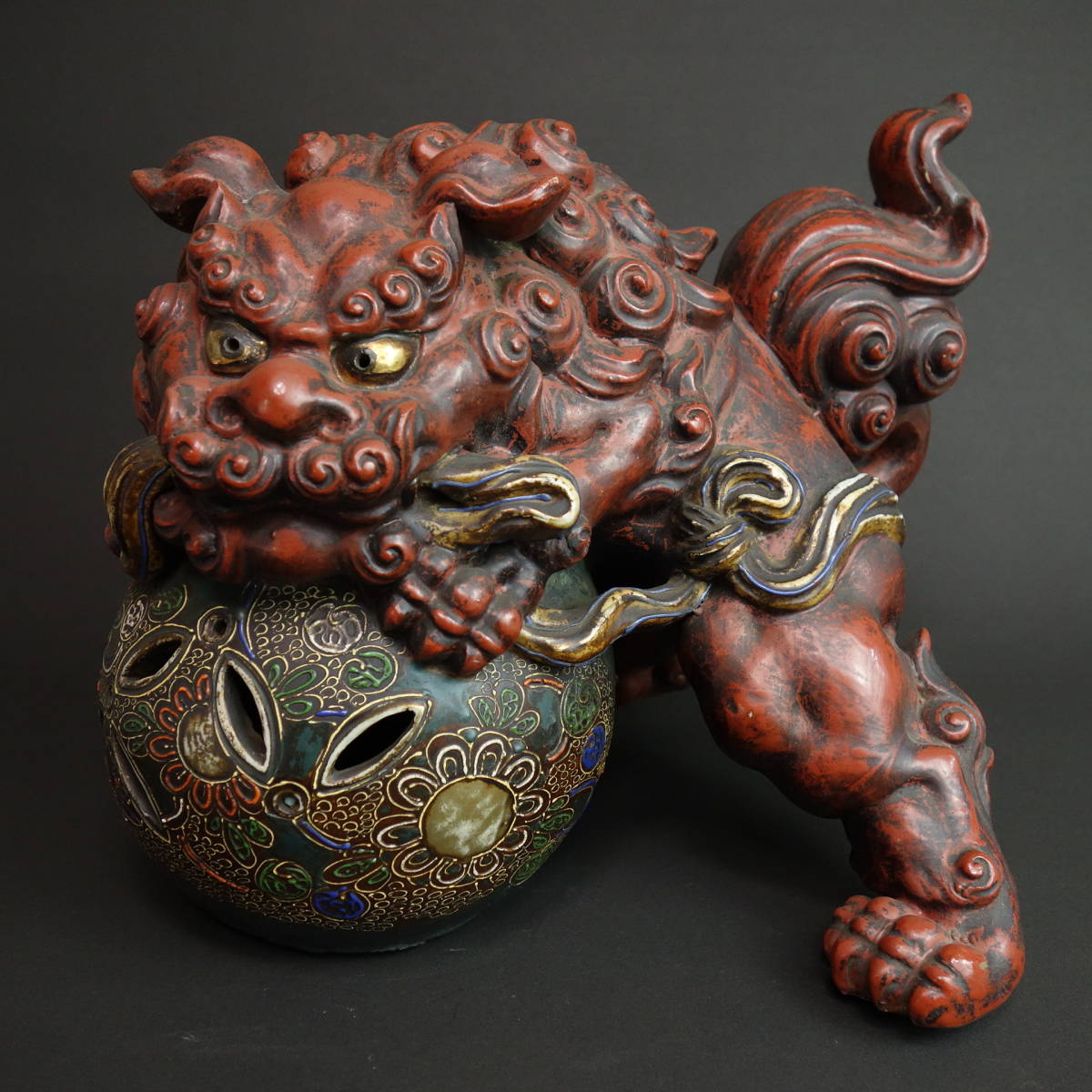 九谷焼 玉乗り獅子 置物 シーサー 開運 厄除 縁起物 骨董 陶器 商売