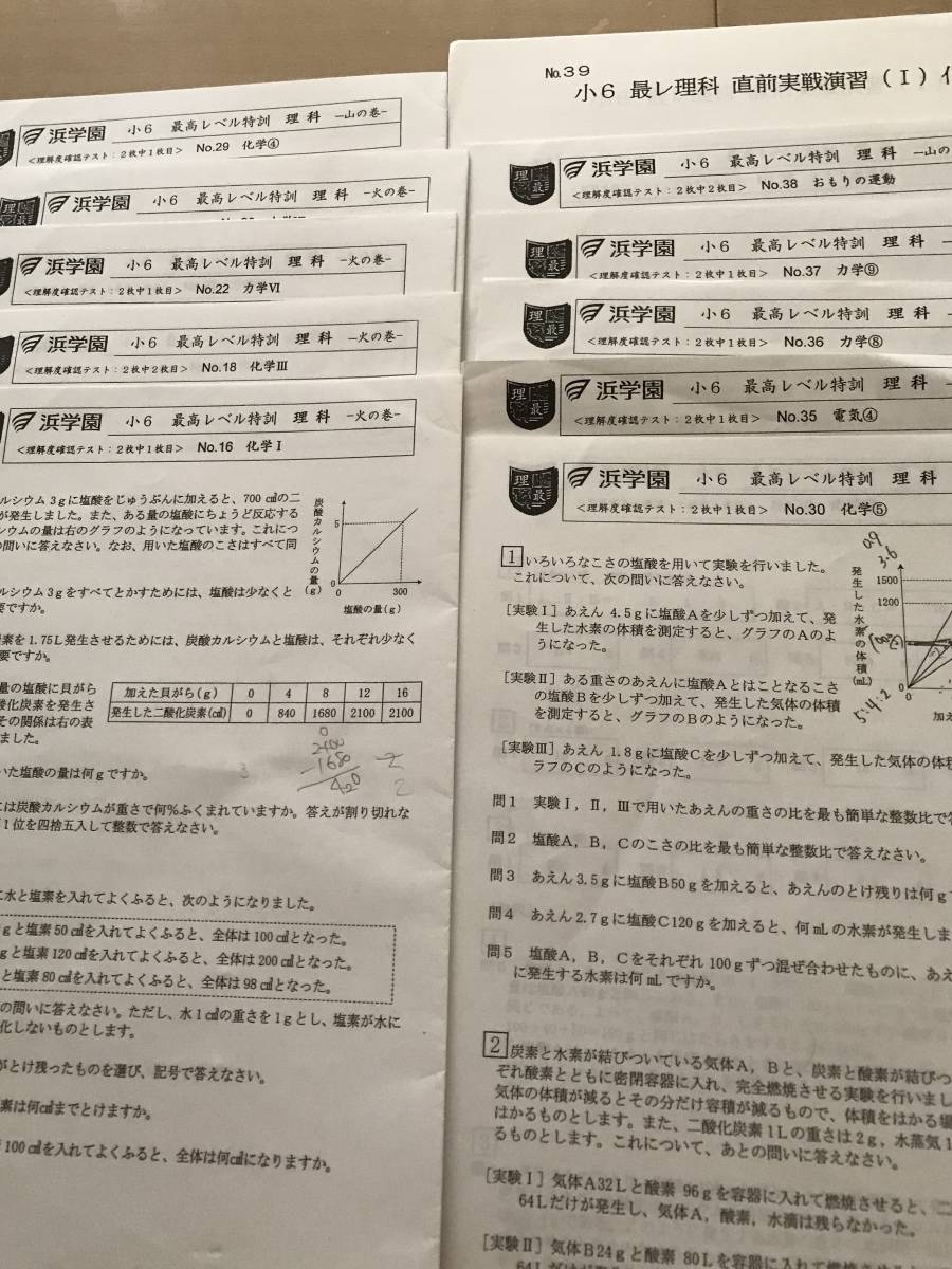 浜学園 小6 最高レベル特訓 理科 復習テスト No.16,18,22,23,29,30,35