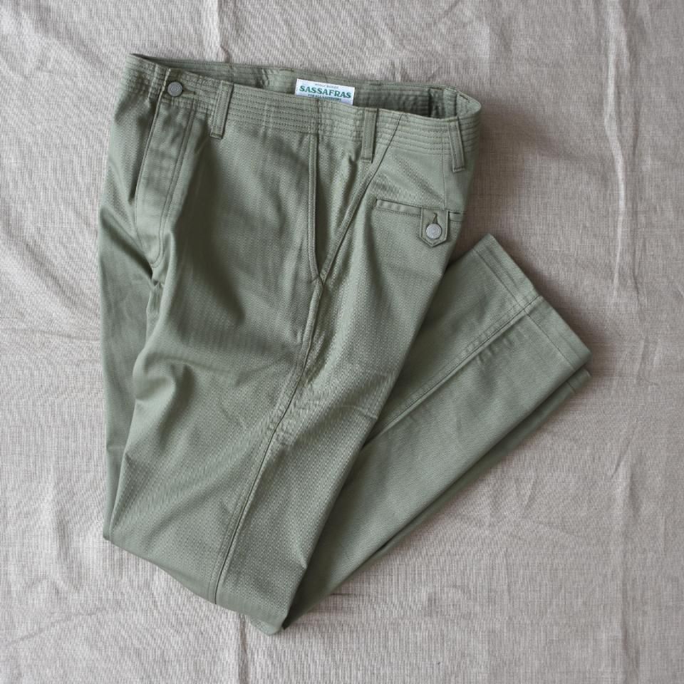 Sassafras（ササフラス）SPRAYER PANTS オリーブ（ヘリンボーン）