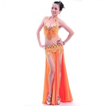 格安ベリーダンス衣装 ブラ、ベルト、スカート3点セット オレンジ