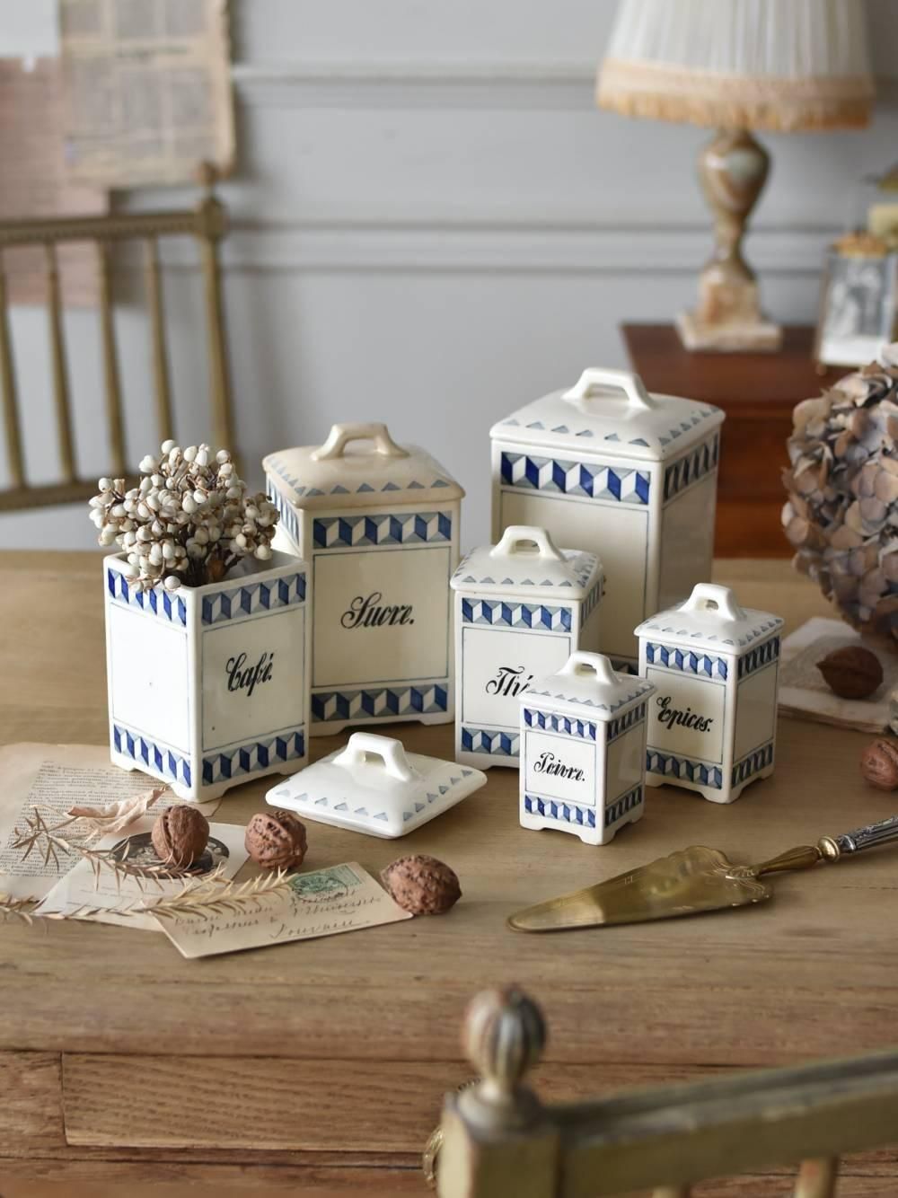 フランスアンティーク バラ柄の陶器のキャニスター6個セット& SELボックス