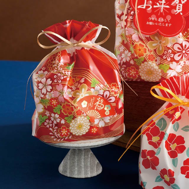 ヘッズ ラッピング袋 巾着 W180×D80×H180mm 赤 20枚 和風PE巾着バッグ