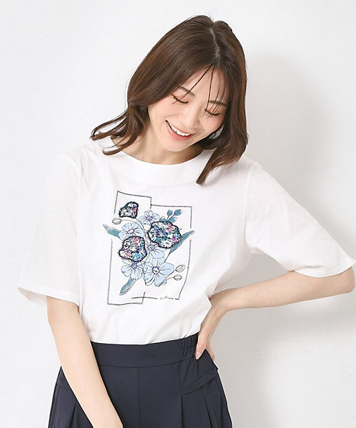 M～4Lサイズ】パッチワーク＆刺繍 フラワーモチーフTシャツ