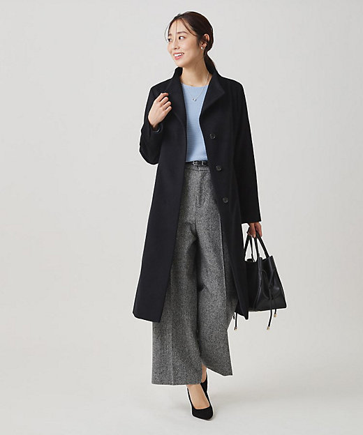 カシミヤ混／日本製】Iラインスタンドウィングカラーコート